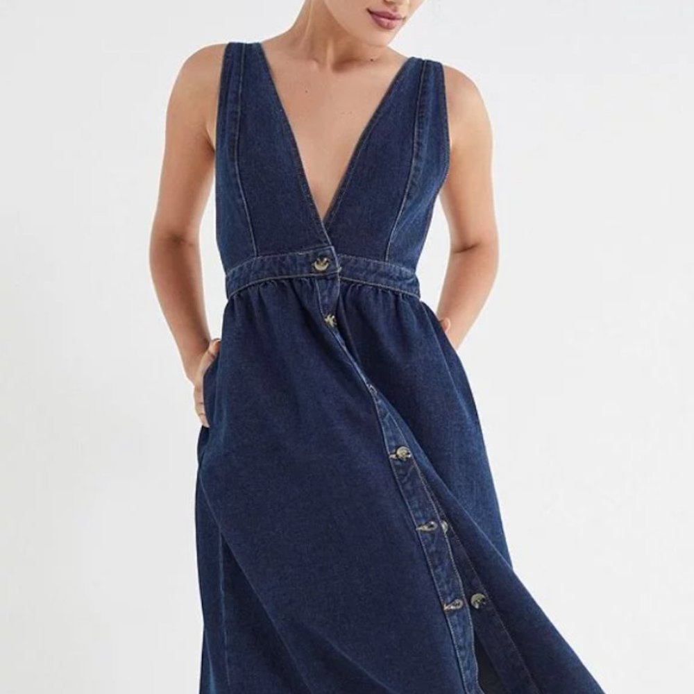 UO Danny Plunging Button-Down Denim Midi Dress